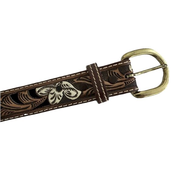 Vintage Nocona Tooled Underlay Leather Belt Brown Western Embossed Floral Sz 30 main image 10